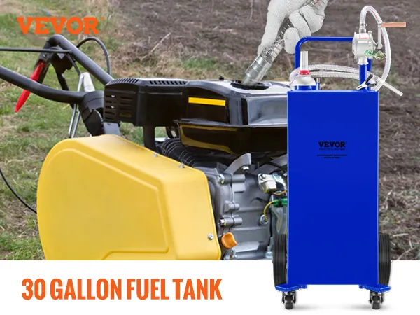 VEVOR fuel caddy with manual pump and 4 widen wheels being used to refuel a boat near a lake.