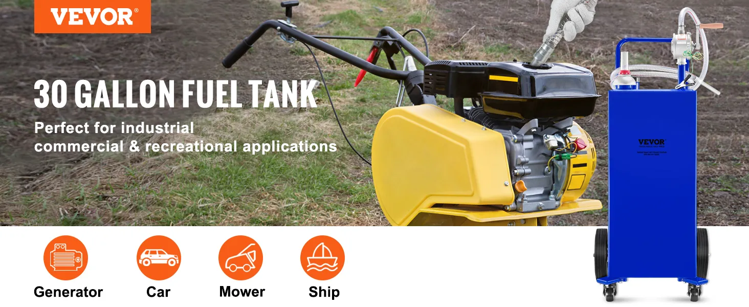 VEVOR brandstofcaddy met handpomp en 4 brede wielen, gebruikt voor het tanken van een boot bij een meer.