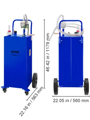 Blauwe VEVOR brandstofcaddy met pomp, slang, handvat en wielen, afmetingen: 53 cm bij 96 cm.