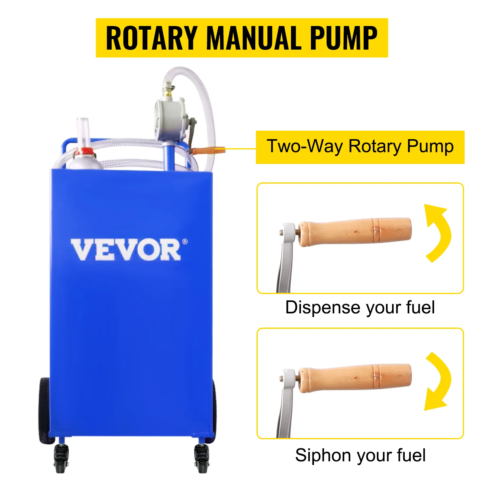 VEVOR brandstofcaddy met tweeweg roterende handpomp voor het afgeven en overhevelen van brandstof.