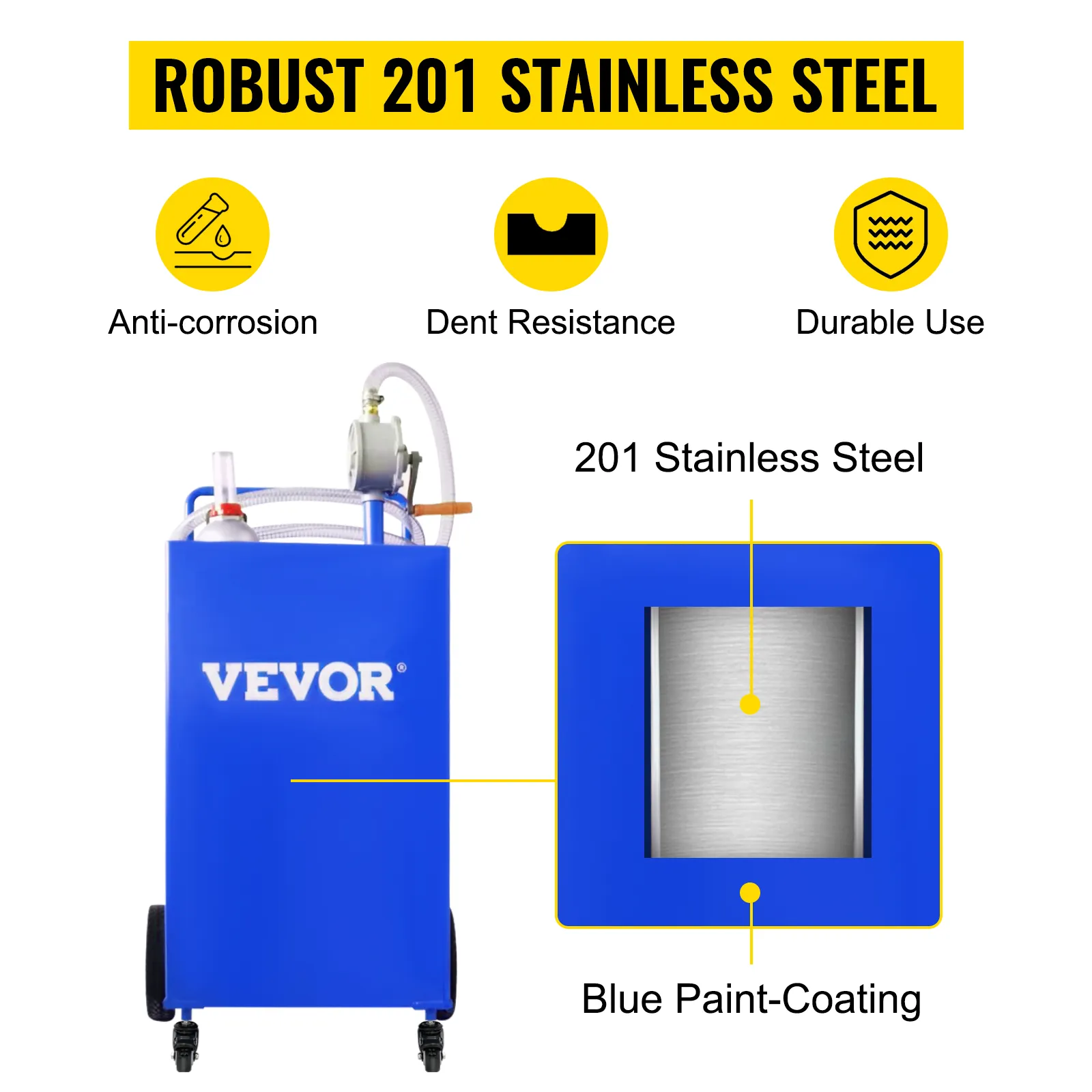 VEVOR brandstofcaddy in blauw met 201 roestvrij staal voor corrosiebestendigheid, deukbestendigheid en duurzaamheid.