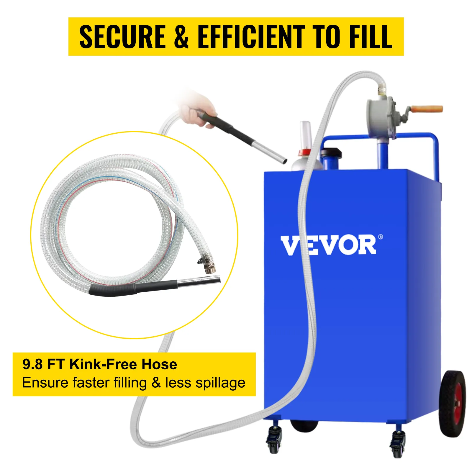 VEVOR brandstofcaddy met 3 meter knikvrije slang, veilige en efficiënte bijvulfunctie, blauwe container en rode wielen.