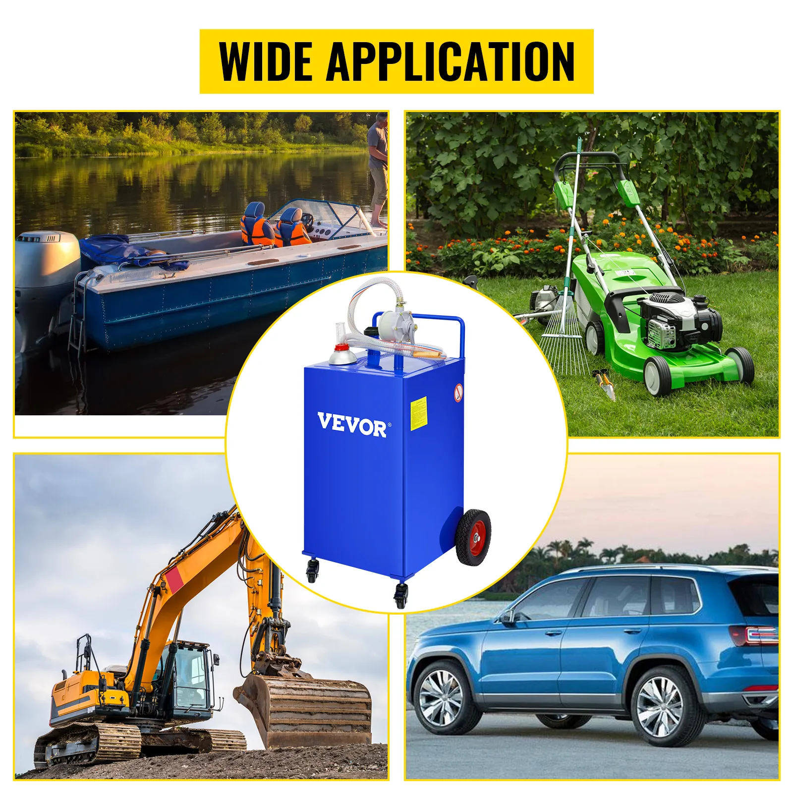 VEVOR brandstofcaddy toont toepassingen: boot, grasmaaier, graafmachine, auto. Breed toepassingsdisplay.