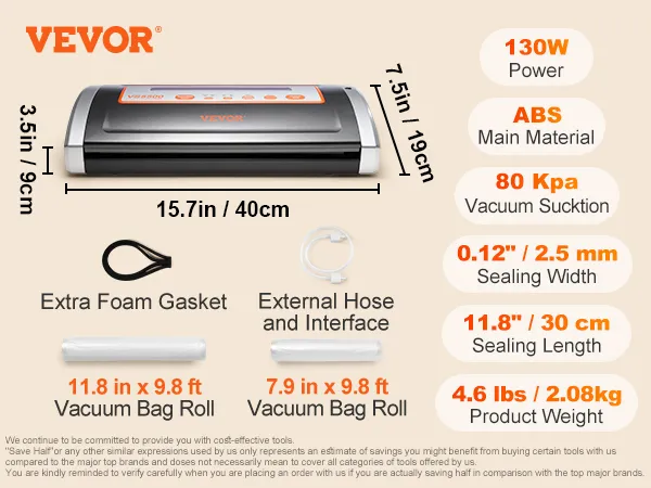 Selladora al vacío VEVOR, potencia 130w, ABS, 4.6 lbs, 80 kpa, longitud de sellado de 11.8", junta de espuma adicional, manguera.