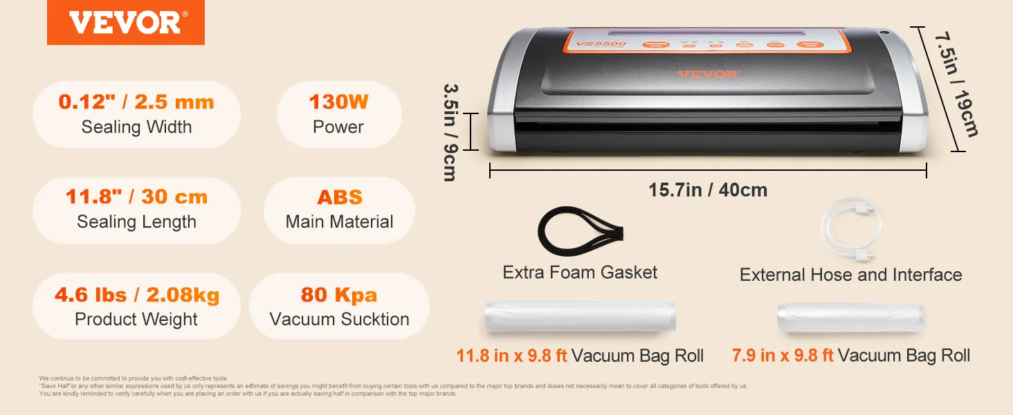 Selladora al vacío VEVOR, potencia 130w, ABS, 4.6 lbs, 80 kpa, longitud de sellado de 11.8", junta de espuma adicional, manguera.