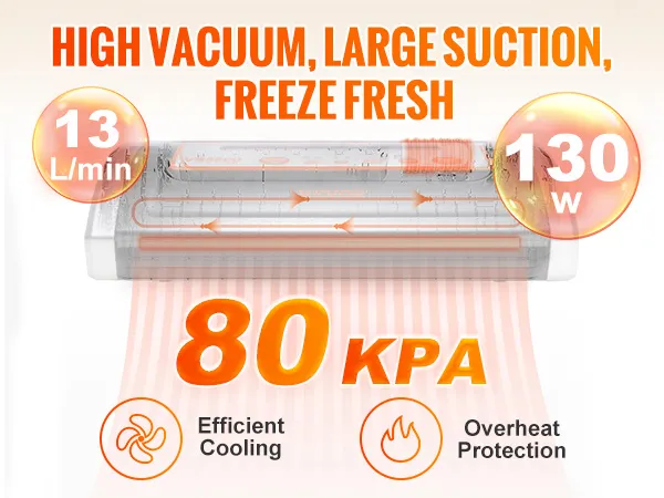 Selladora al vacío VEVOR con alto vacío de 80 kpa, caudal de 13 l/min, motor de 130 w, refrigeración eficiente y protección contra sobrecalentamiento.