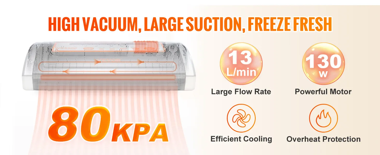 Selladora al vacío VEVOR con alto vacío de 80 kpa, caudal de 13 l/min, motor de 130 w, refrigeración eficiente y protección contra sobrecalentamiento.