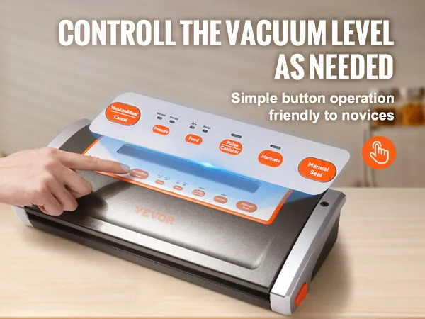 Mano usando botones simples en la selladora al vacío VEVOR con niveles de vacío personalizables para usuarios novatos.