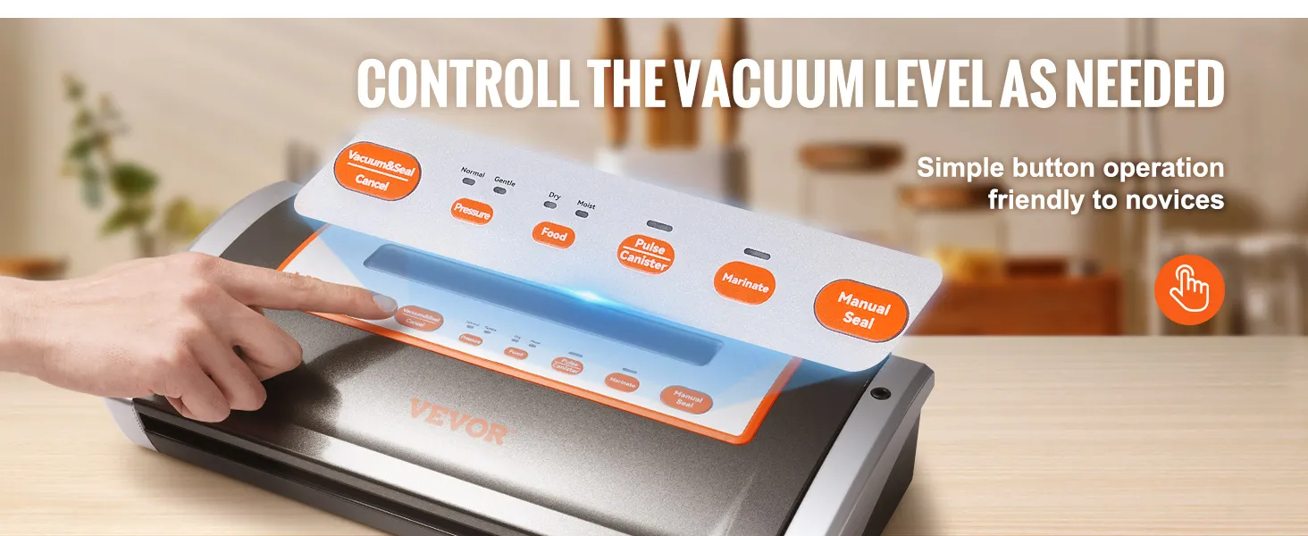 Mano usando botones simples en la selladora al vacío VEVOR con niveles de vacío personalizables para usuarios novatos.