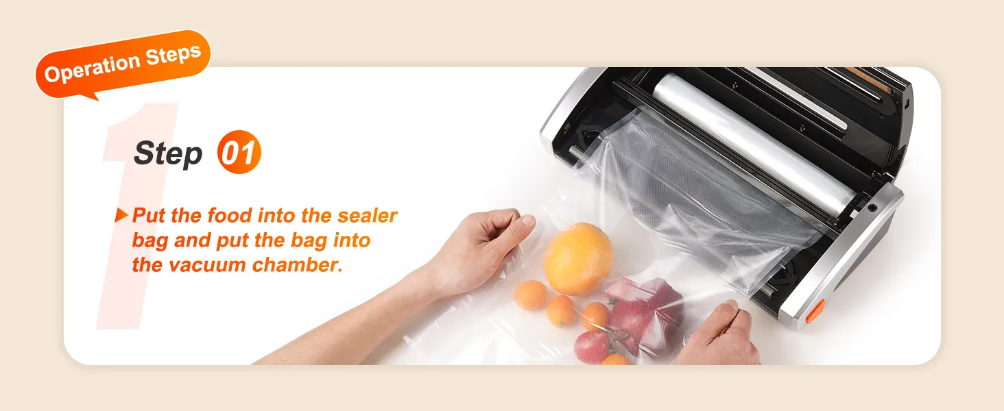 instrucción paso a paso para usar sellador al vacío VEVOR, inserta bolsa con frutas.