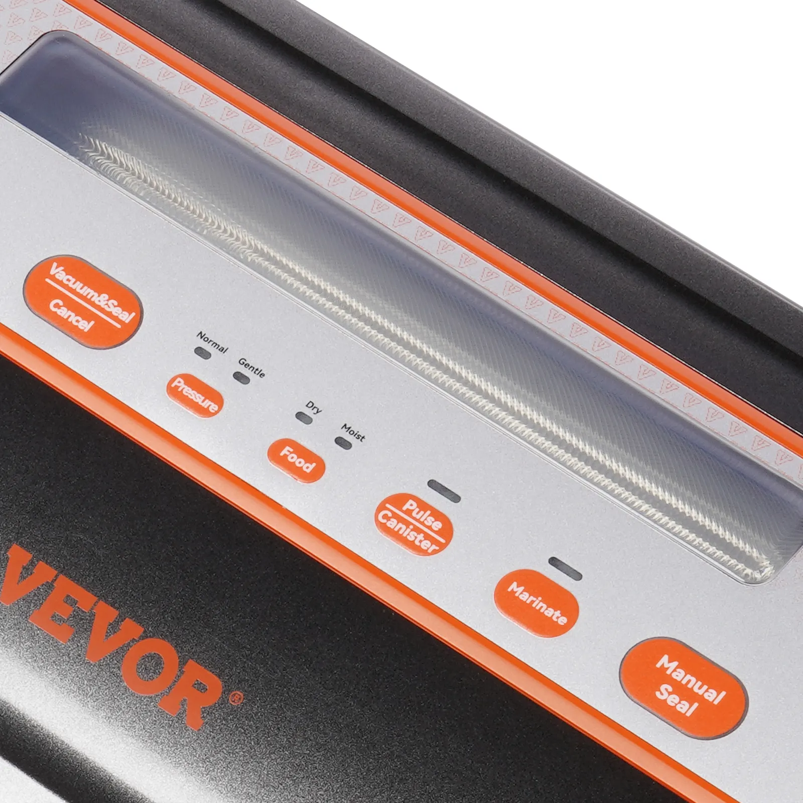 Primer plano de un panel de control de sellador al vacío VEVOR que muestra botones para varias funciones de sellado.