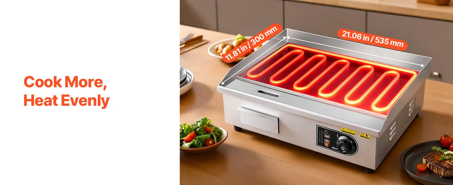 VEVOR Commercial Electric Griddle, 21 x 11.8 inch, 1750W, 122-570°F Adjustable Temp Control, Stainless Steel Countertop Flat Top Grill with 2 Spatulas, 2 Brushes and 4 Foot Pads, for Steak, Pancake