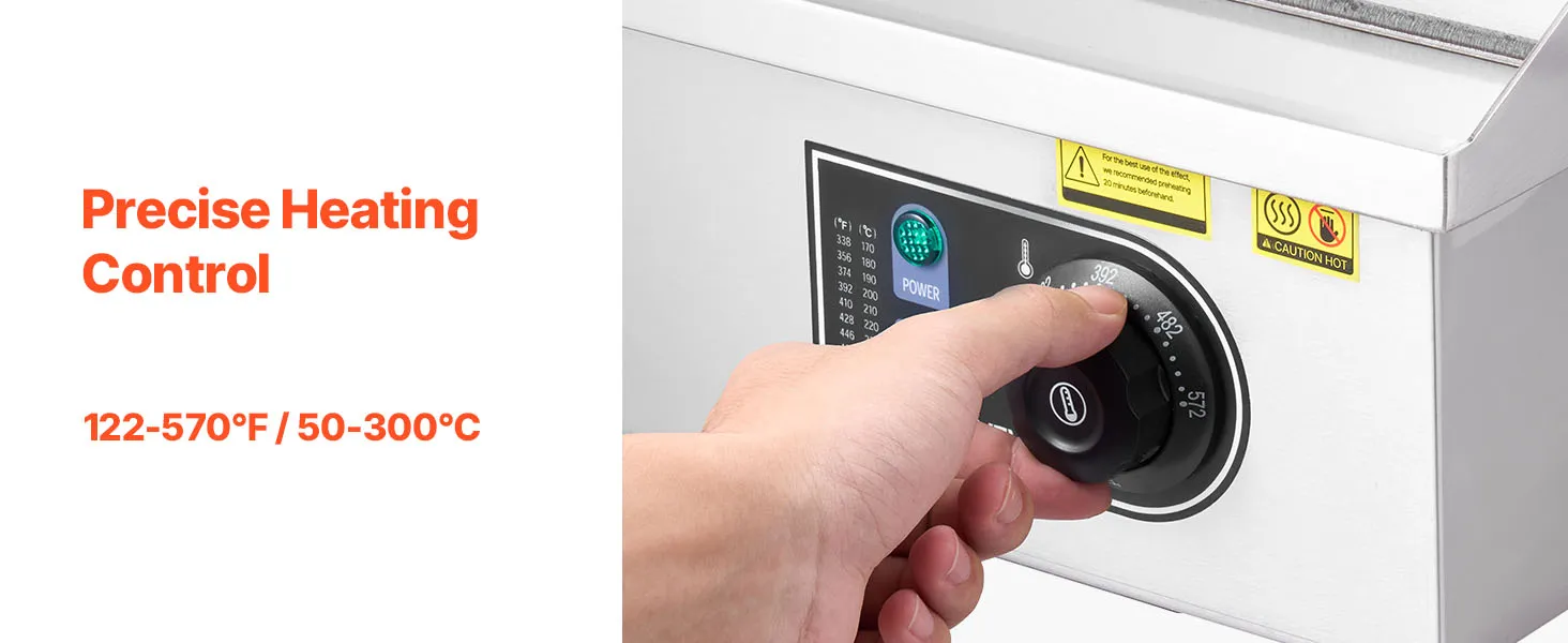 VEVOR Commercial Electric Griddle, 21 x 11.8 inch, 1750W, 122-570°F Adjustable Temp Control, Stainless Steel Countertop Flat Top Grill with 2 Spatulas, 2 Brushes and 4 Foot Pads, for Steak, Pancake