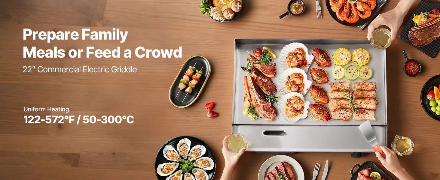 VEVOR Commercial Electric Griddle, 21 x 11.8 inch, 1750W, 122-570°F Adjustable Temp Control, Stainless Steel Countertop Flat Top Grill with 2 Spatulas, 2 Brushes and 4 Foot Pads, for Steak, Pancake