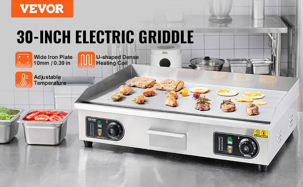 VEVOR electric griddle in a commercial kitchen, cooking meat, vegetables, and eggs.