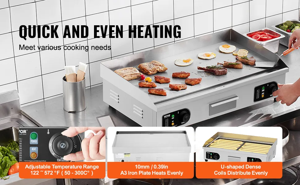 Plancha eléctrica VEVOR que demuestra un calentamiento rápido y uniforme, asando carnes y huevos, ideal para cocinas profesionales.