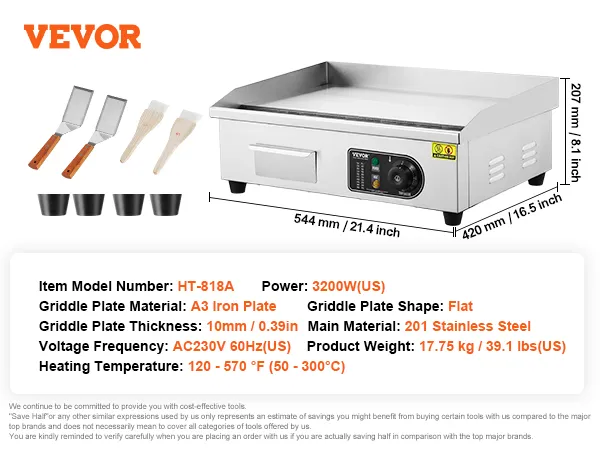 Plancha eléctrica VEVOR ht-818a, 3200w, acero inoxidable 201, placa de hierro plana a3, 10mm de espesor.