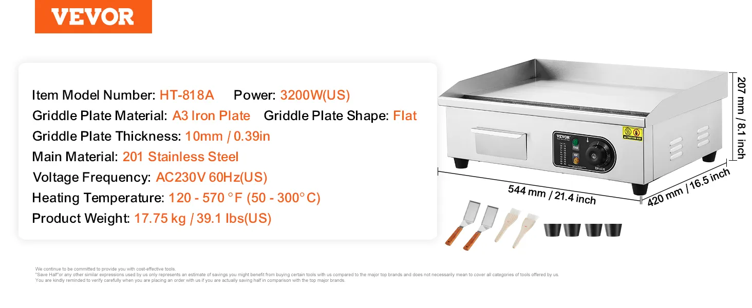 Plancha eléctrica VEVOR ht-818a, 3200w, acero inoxidable 201, placa de hierro plana a3, 10mm de espesor.