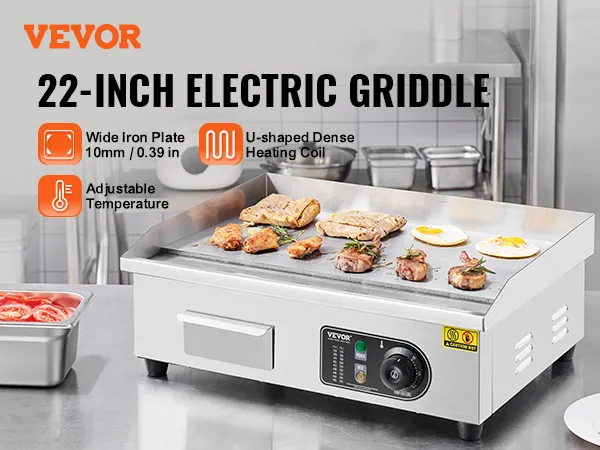 Plancha eléctrica VEVOR sobre encimera de acero inoxidable con carne, verduras y huevos cocidos.