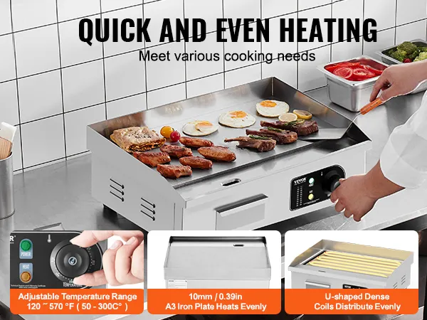 Plancha eléctrica VEVOR para cocinar huevos, carne y verduras con calentamiento uniforme y control de temperatura ajustable.
