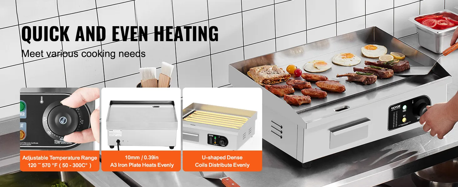 Plancha eléctrica VEVOR para cocinar huevos, carne y verduras con calentamiento uniforme y control de temperatura ajustable.