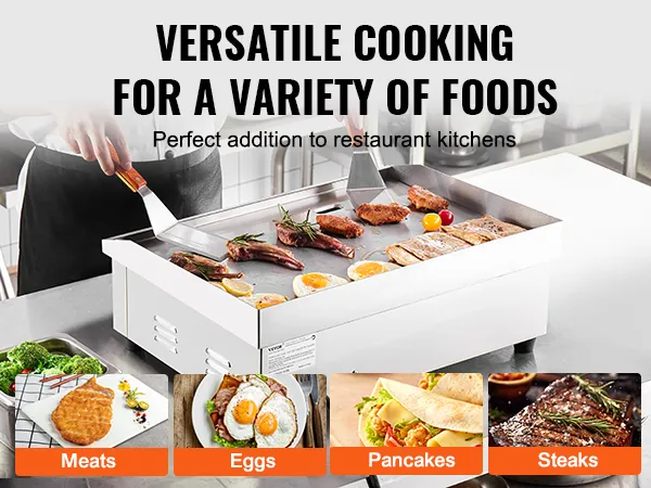Chef que utiliza una plancha eléctrica VEVOR para cocinar carnes, huevos, panqueques y filetes en una cocina comercial.