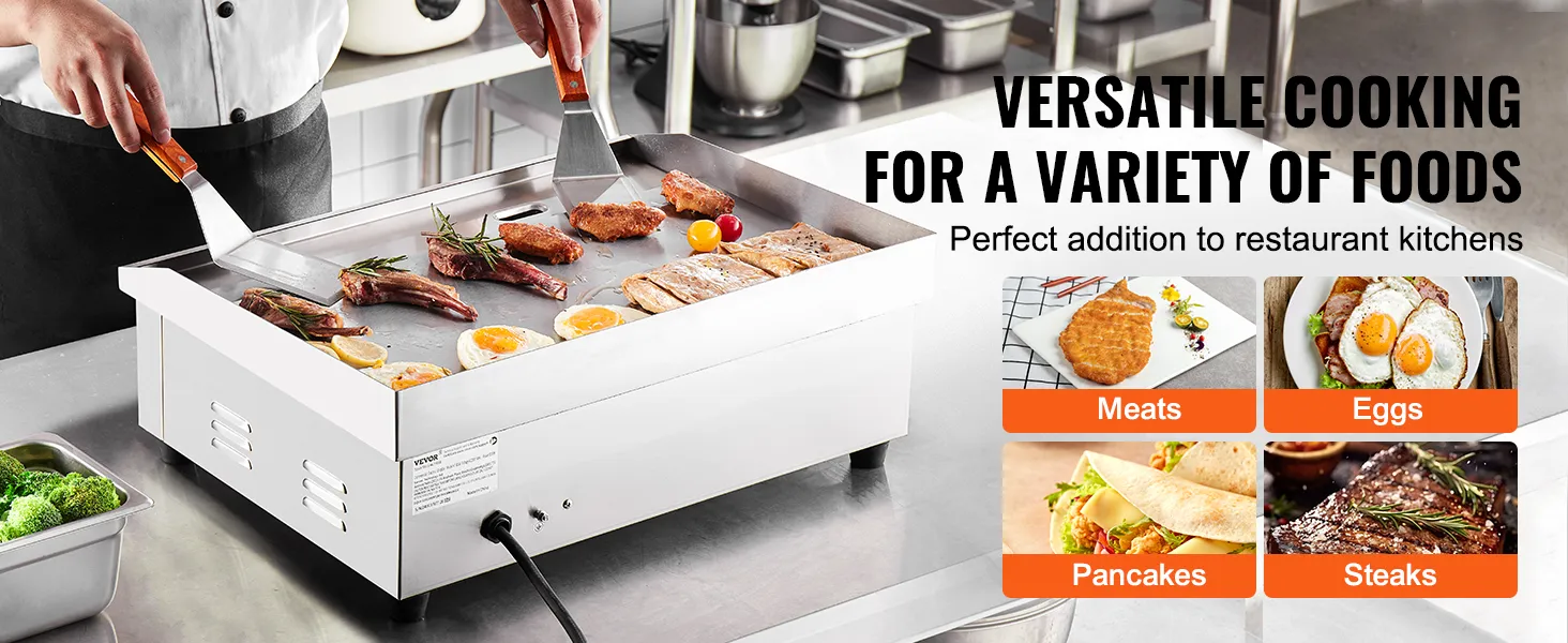Chef que utiliza una plancha eléctrica VEVOR para cocinar carnes, huevos, panqueques y filetes en una cocina comercial.