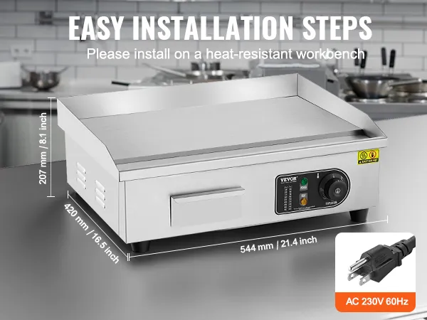 Guía de instalación de plancha eléctrica VEVOR, dimensiones etiquetadas, cable de alimentación de 230 V 60 Hz resaltado.