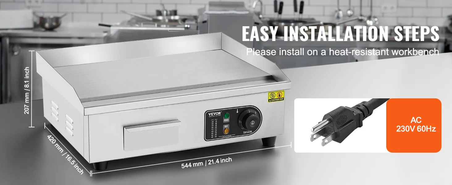 Guía de instalación de plancha eléctrica VEVOR, dimensiones etiquetadas, cable de alimentación de 230 V 60 Hz resaltado.