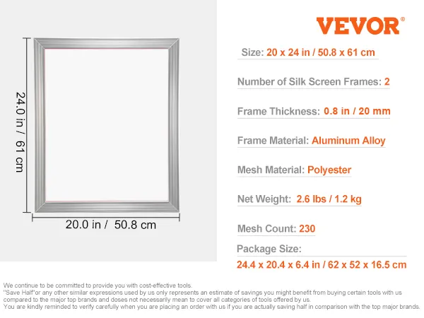 VEVOR screen printing kit with 20x24 in aluminum alloy frames, polyester mesh, and sealing tape.