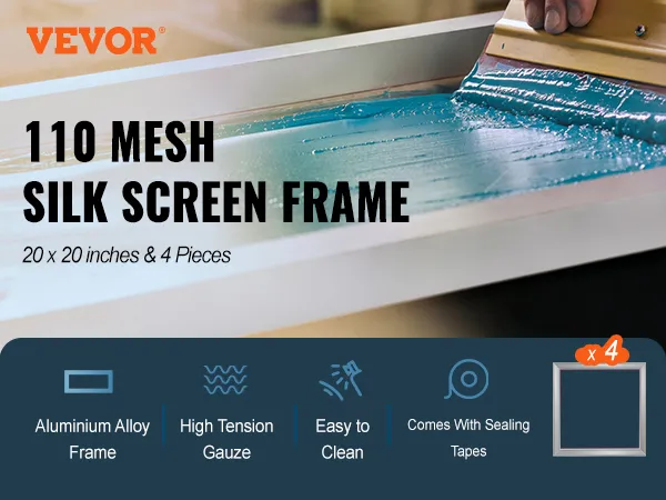 El kit de serigrafía VEVOR cuenta con un marco de serigrafía de malla 110 con aleación de aluminio y gasa de alta tensión.