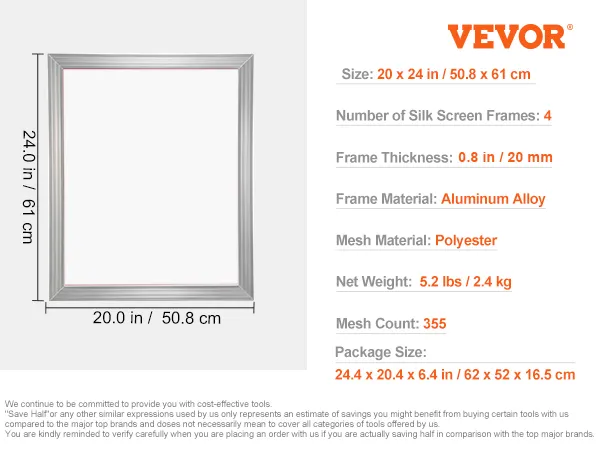 VEVOR screen printing kit includes 4 aluminum frames, sealing tape, and polyester mesh, size 20x24 inches.