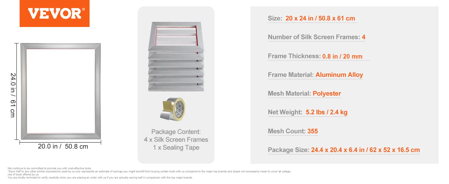 VEVOR screen printing kit includes 4 aluminum frames, sealing tape, and polyester mesh, size 20x24 inches.
