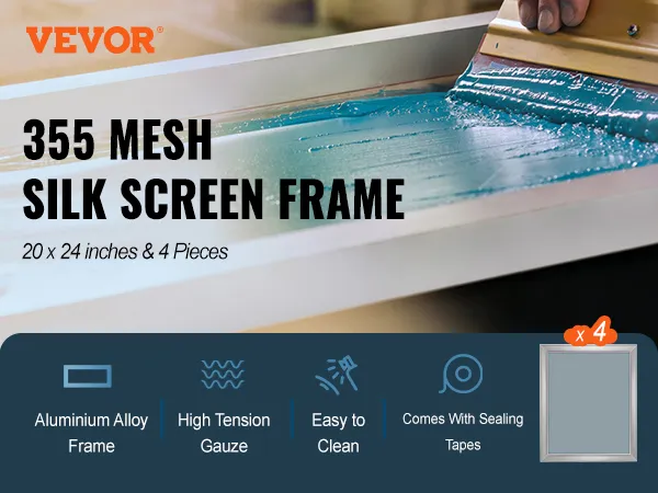 VEVOR screen printing kit with 355 mesh silk screen frame, aluminum alloy, high tension gauze, 20x24in, 4 pieces.