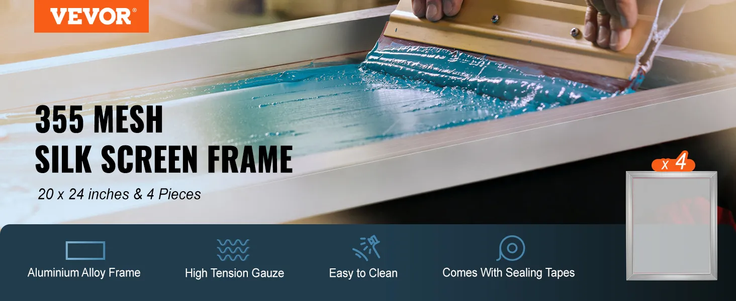 VEVOR screen printing kit with 355 mesh silk screen frame, aluminum alloy, high tension gauze, 20x24in, 4 pieces.