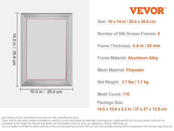 VEVOR screen printing kit. size: 10x14 in, 6 aluminum frames, polyester mesh, 110 mesh count, and sealing tape.