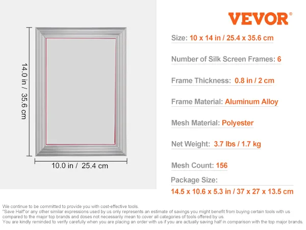 VEVOR screen printing kit with 6 aluminum alloy frames, polyester mesh, and sealing tape, 156 mesh count, 10x14in.
