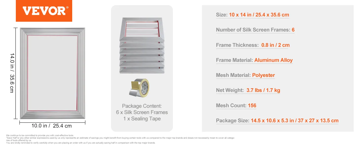 VEVOR screen printing kit with 6 aluminum alloy frames, polyester mesh, and sealing tape, 156 mesh count, 10x14in.