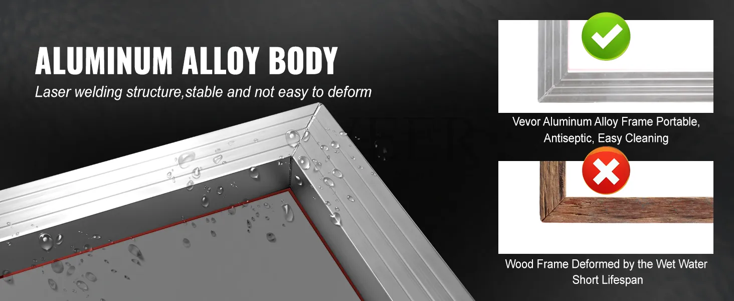 aluminum alloy frame with droplets and comparison to a wood frame, highlighting VEVOR screen printing kit.