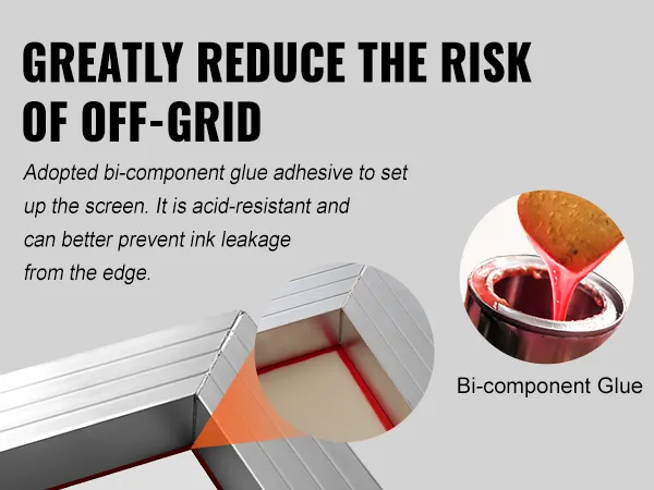 VEVOR screen printing kit with bi-component glue to prevent ink leakage and ensure screen durability.