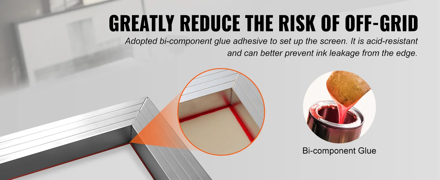VEVOR screen printing kit with bi-component glue to prevent ink leakage and ensure screen durability.