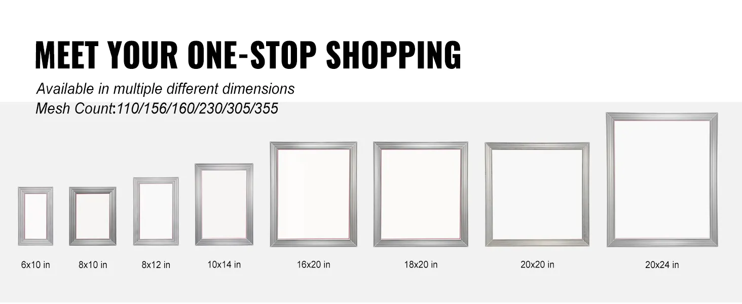 VEVOR screen printing kit frames in various sizes and mesh counts from 110 to 355.