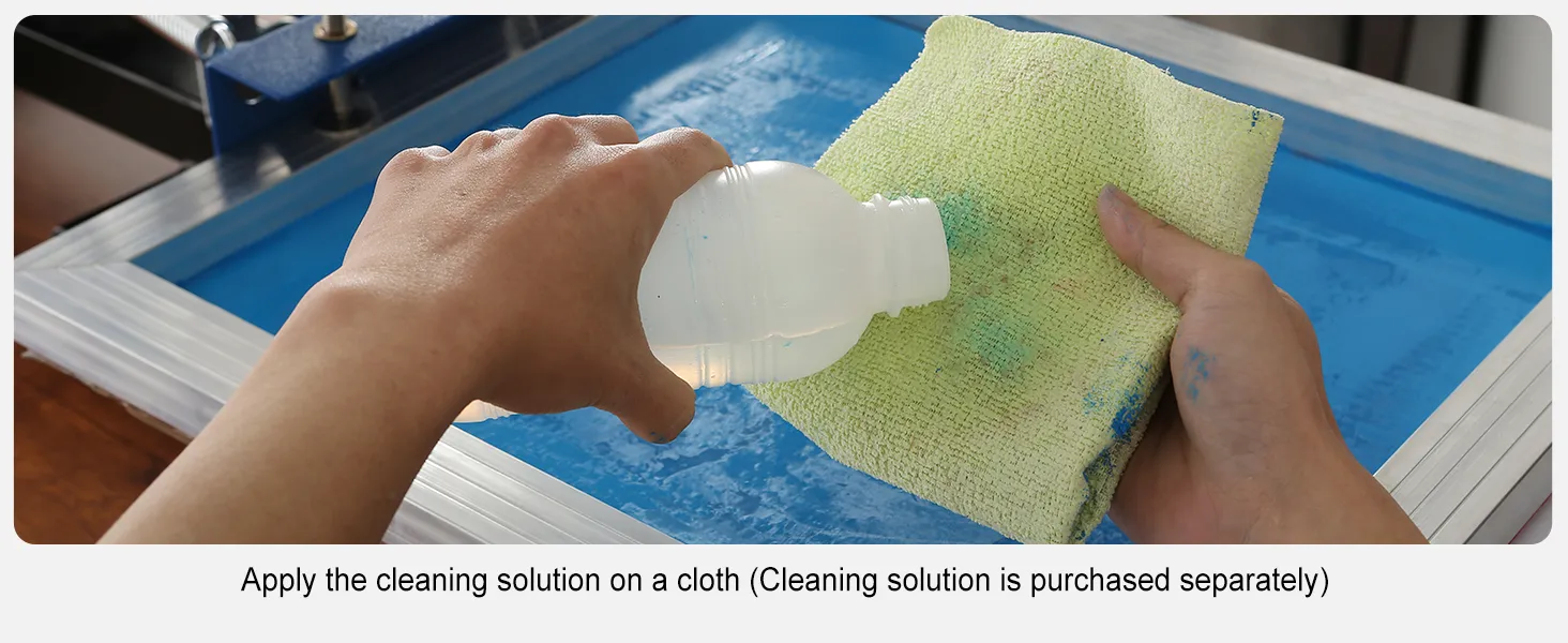 hand applying cleaning solution with a cloth to a VEVOR screen printing kit.