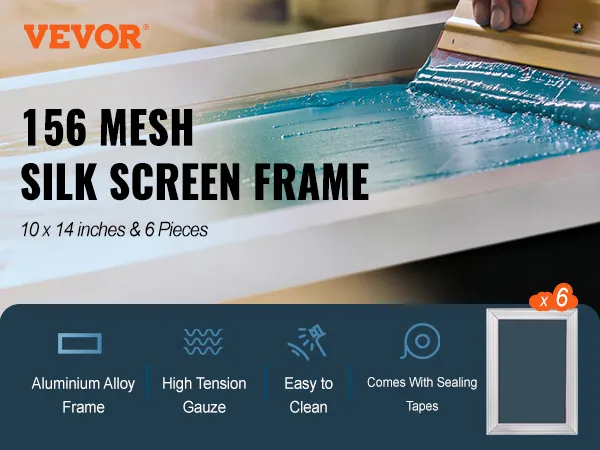 VEVOR screen printing kit with 156 mesh silk screen frame, 10x14 inches, aluminum alloy, 6 pieces.