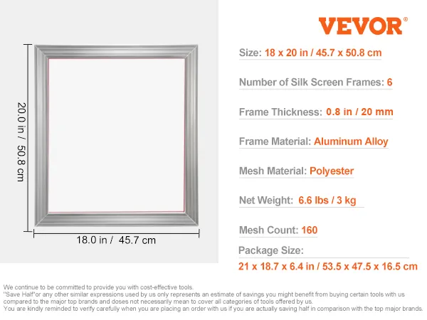 VEVOR screen printing kit with 6 aluminum alloy frames, polyester mesh, and sealing tape included.