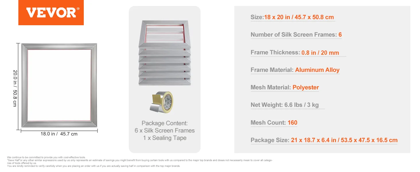 VEVOR screen printing kit with 6 aluminum alloy frames, polyester mesh, and sealing tape included.
