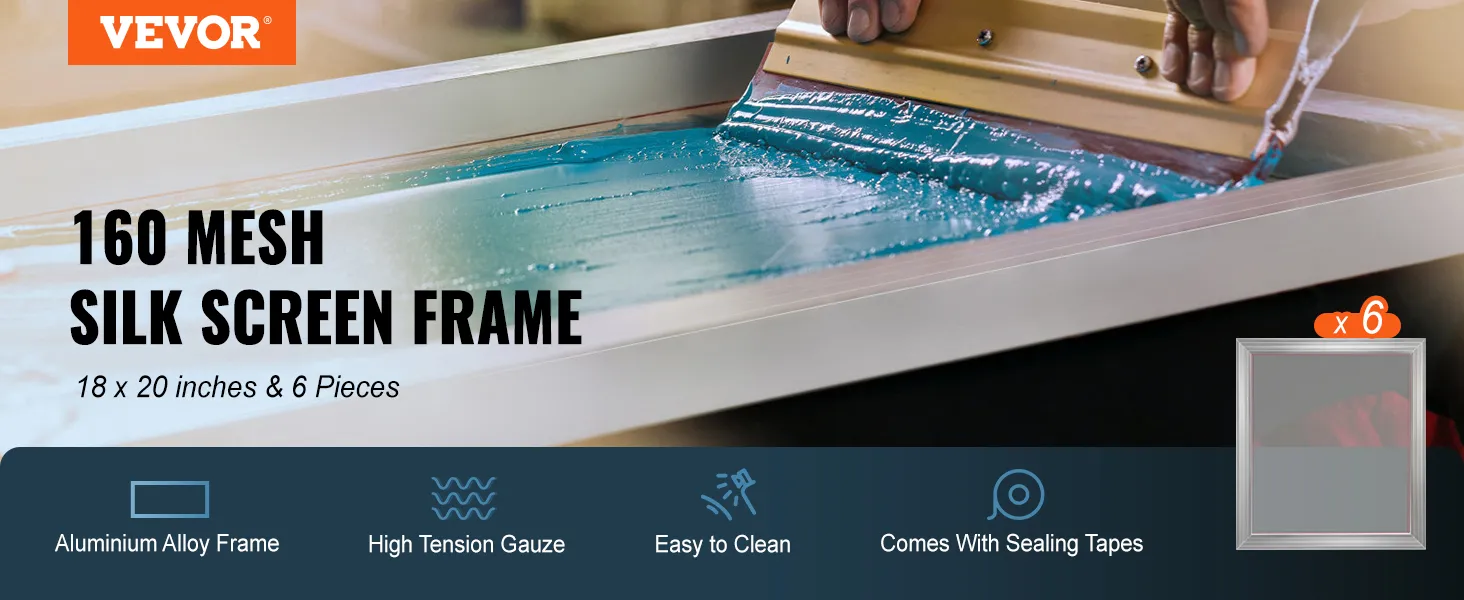VEVOR screen printing kit with 160 mesh silk screen frame, 18x20 inches, includes 6 pieces.