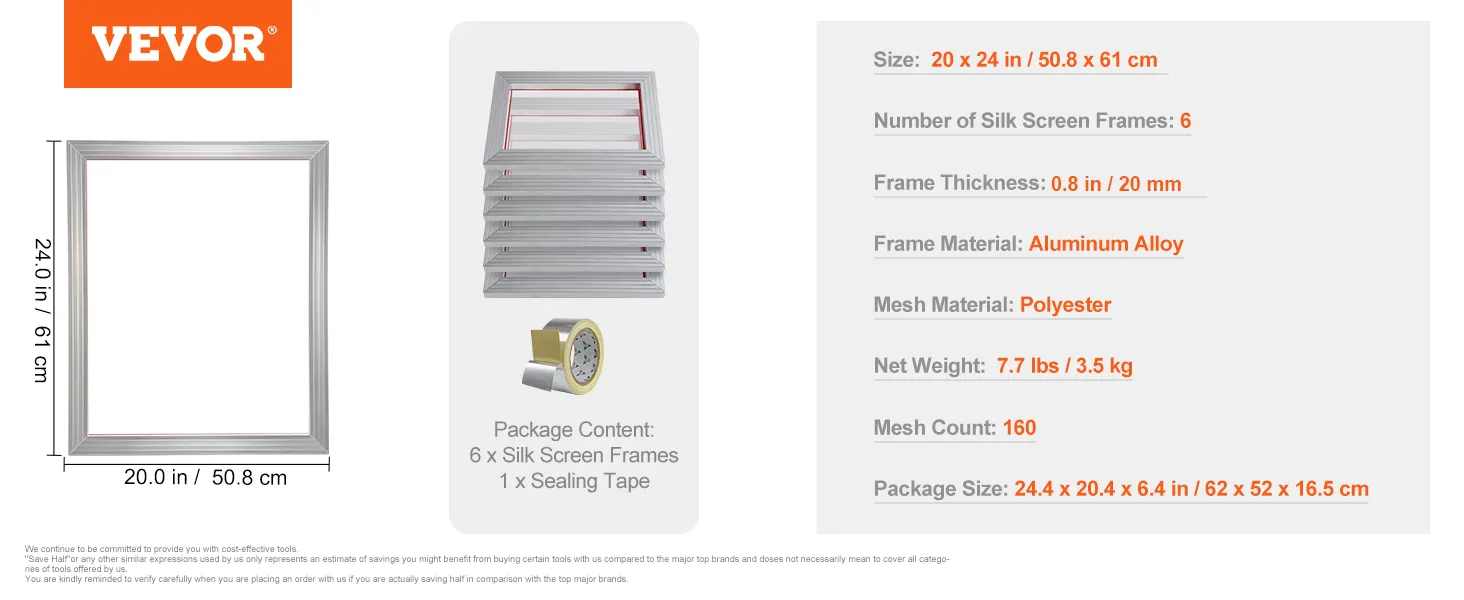 VEVOR screen printing kit: 6 polyester mesh aluminum alloy frames, 20x24 in, mesh count 160.