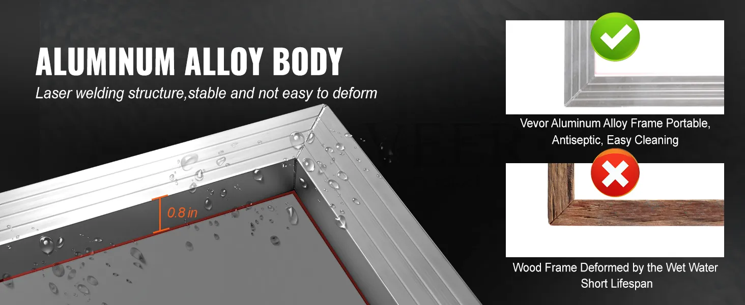 VEVOR screen printing kit with aluminum alloy frame, 0.8in thickness, stable, portable, easy cleaning.