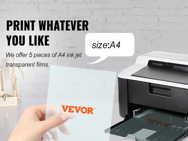 VEVOR screen printing kit showcasing a4 inkjet transparent films by a printer, desk with painting supplies.